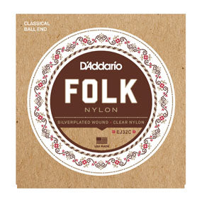 D'Addario EJ32C Folk Nylon, Ball End, Silver Wound/Clear Nylon Trebles